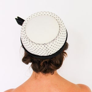 1950s Creme & Black Pillbox Hat 50s Off White Wool Felt Rhinestone Hat image 2