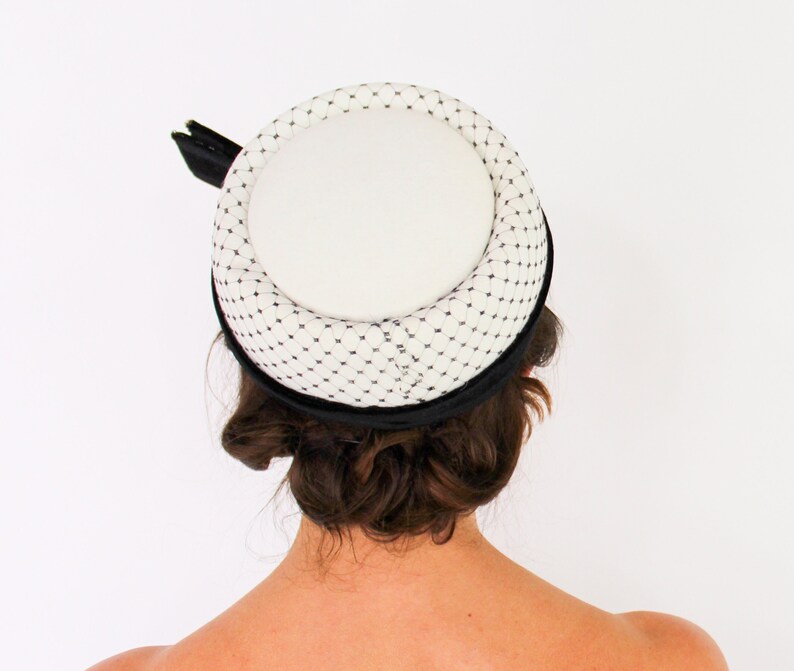 1950s Creme & Black Pillbox Hat 50s Off White Wool Felt Rhinestone Hat image 2