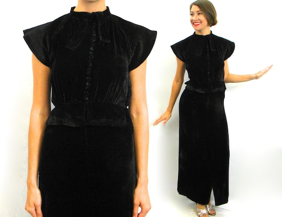 1930s Black Silk Velvet Gown | 30s Black Silk Velv