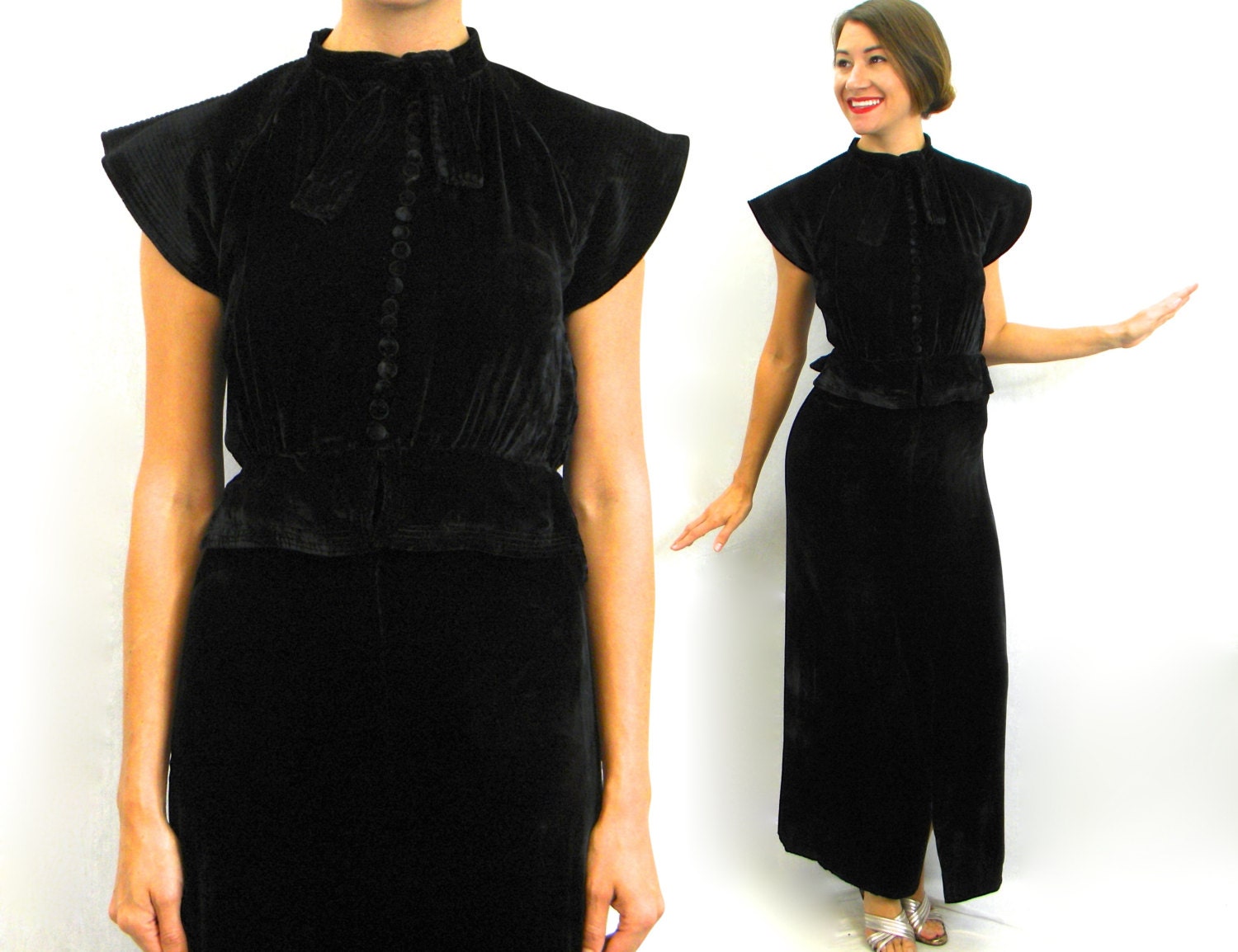 1930s Black Silk Velvet Gown | 30s Black Silk Velvet Evening Dress ...
