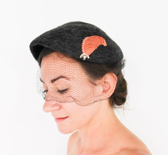 Vintage Black Feathered Vintage-Style Hat with Peach Accents Vintage Black Velvet Hat 1960s with Green & Orange Feathers  main image 3