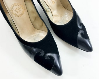 1960s Black Leather & Suede Heels | 60s Black Leather Pumps | I. Miller | USA 7AAAA EU 37-38 UK 5