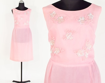 1950s Pink Sequin Party Dress | 50s Pink Chiffon Beaded Cocktail Dress | Tenen Fashions of Melbourne | Large