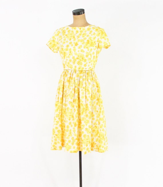 1950s Yellow Floral Print Dress | 50s Yellow Flow… - image 2