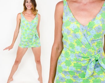 1960s Green Floral Print Swimsuit | 60s Green Nylon Bathing Suit | Cole of California | Small