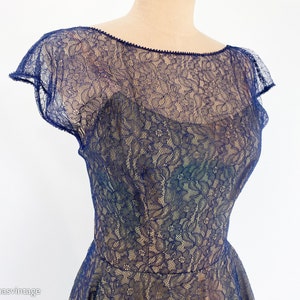 1950s Navy Lace Evening Gown 50s Navy Lace Illusion Dress Old Hollywood Small image 9