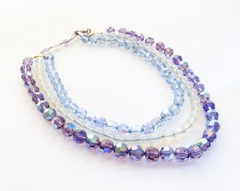 1950s Purple & Blue Glass Necklace | 50s Blue Purple Crystal necklace | 3 Strand Evening Necklace