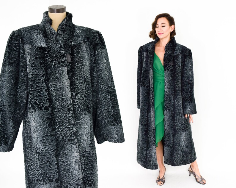 80s Steel Gray Long Fur Coat 1980s Gray Faux Fur Coat XL 40s-Style Faux FurCoat