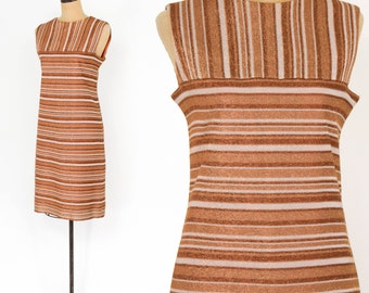 1960s Brown Metallic Striped Dress | 60s Copper Metallic Sleeveless Shift | Medium