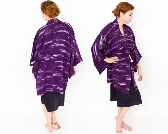 1950s Purple Silk Haori  | 50s Dark Purple Stripe… - image 4
