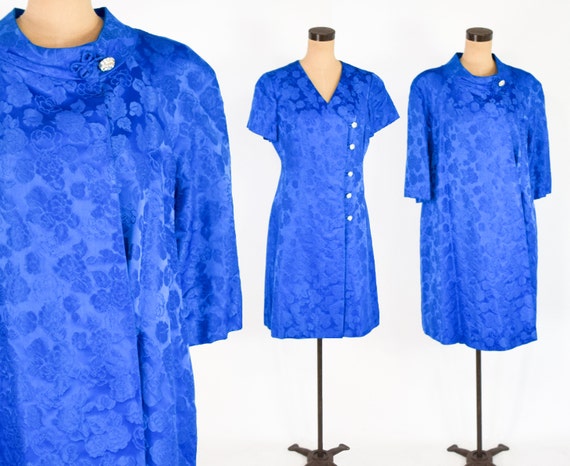 1960s Blue Brocade Dress & Coat | 60s Royal Blue … - image 1