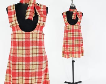 1960s Plaid Wool Mini Dress l Vintage Red Plaid Jumper, Small