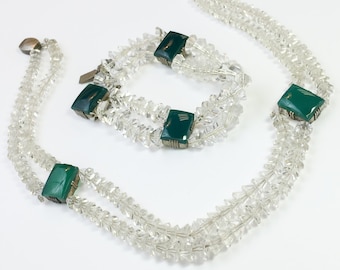 1930s Vintage Crystal Necklace Bracelet Set | Green Glass & Sterling Silver Clasp