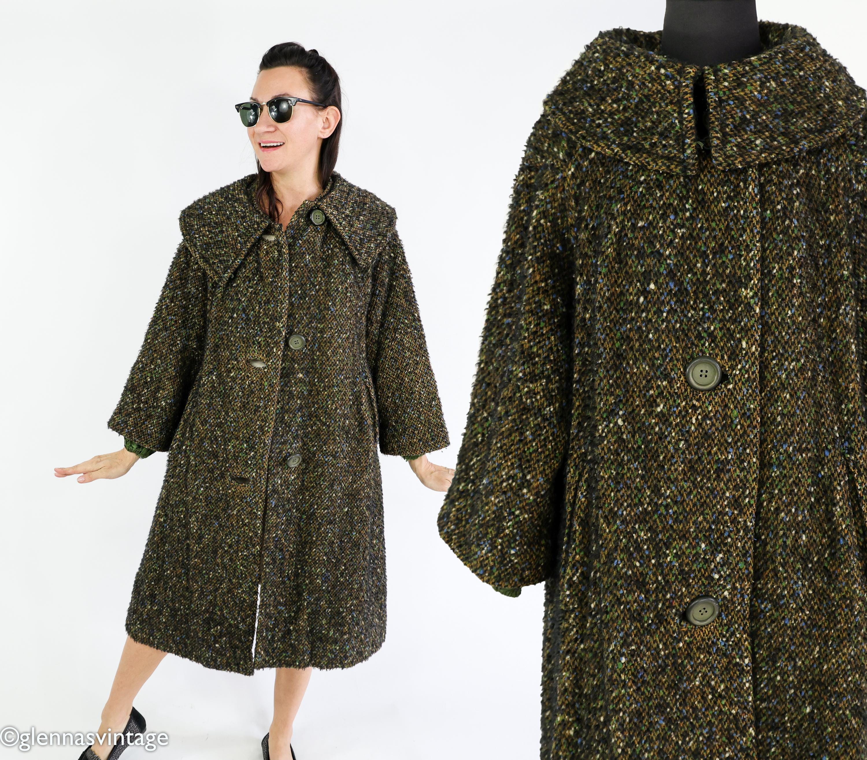1960s Olive Green Tweed Wool Coat | 60s Olive Wool Tweed Coat