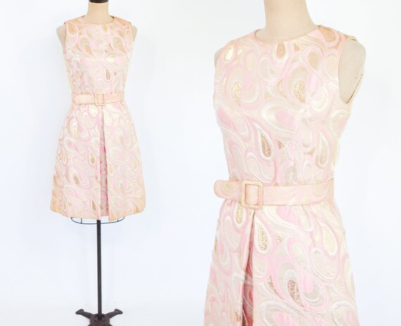 1960s Pink & Gold Metallic Brocade Dress | 60s Pin