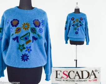 Escada | 1990s Turquoise Blue Mohair Sweater | 90s Blue Flowered Knit Pullover | Escada | Medium