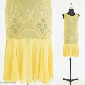1920s Buttercup Beaded Silk Dress | 20s Yellow Silk Dress | Flapper Dress | X Small