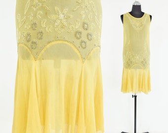 1920s Buttercup Yellow Silk Dress | 20s Yellow Beaded Silk Dress | Flapper Dress | X Small