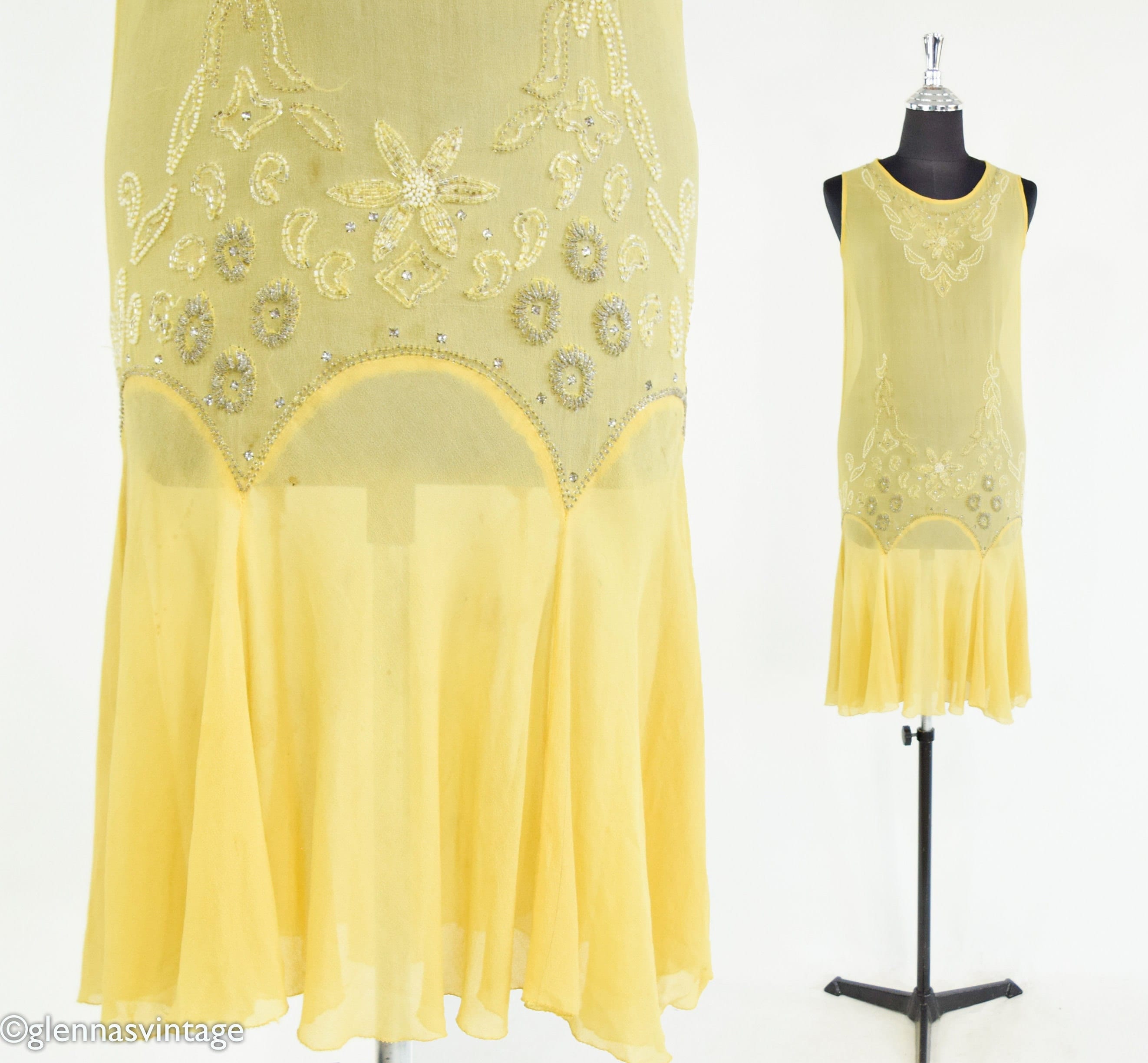 1920s Buttercup Yellow Silk Dress | 20s Yellow Beaded Silk