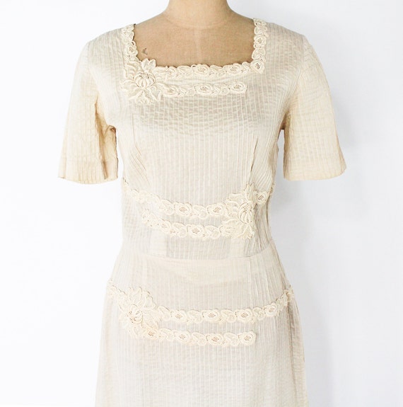 1950s Beige Cotton Summer Dress | 50s Creme & Lac… - image 3