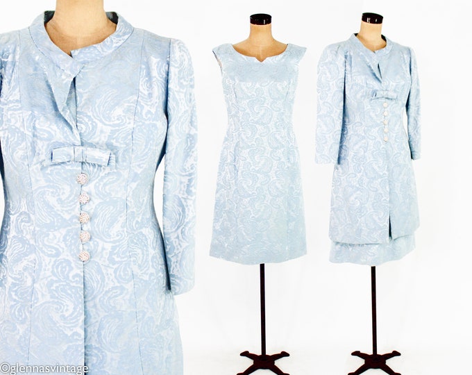 1960s Pale Blue Dress Coat Set 60s Blue Brocade Coat & Matching Dress