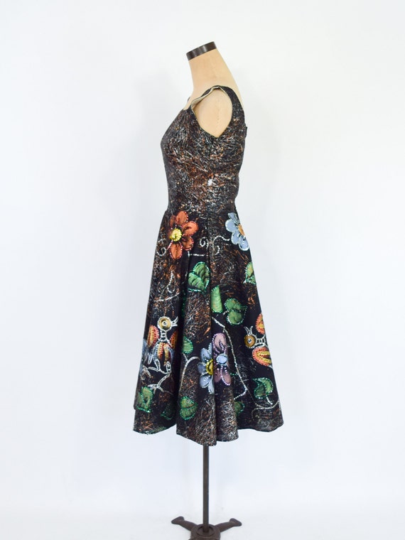 1950s Black Painted Sequin Party Dress | 50s Blac… - image 6