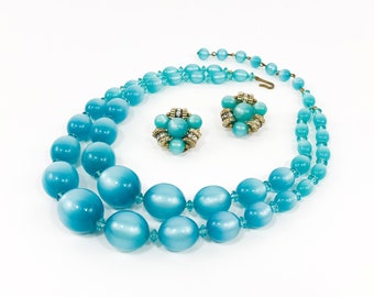 1960s Blue Plastic Bead Necklace Set | 60s Turquoise Blue Necklace & Clip Earrings