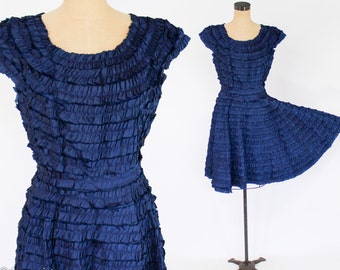 1940s Navy Taffeta Party Dress | 40s Blue Ruffles Cocktail Dress | Medium