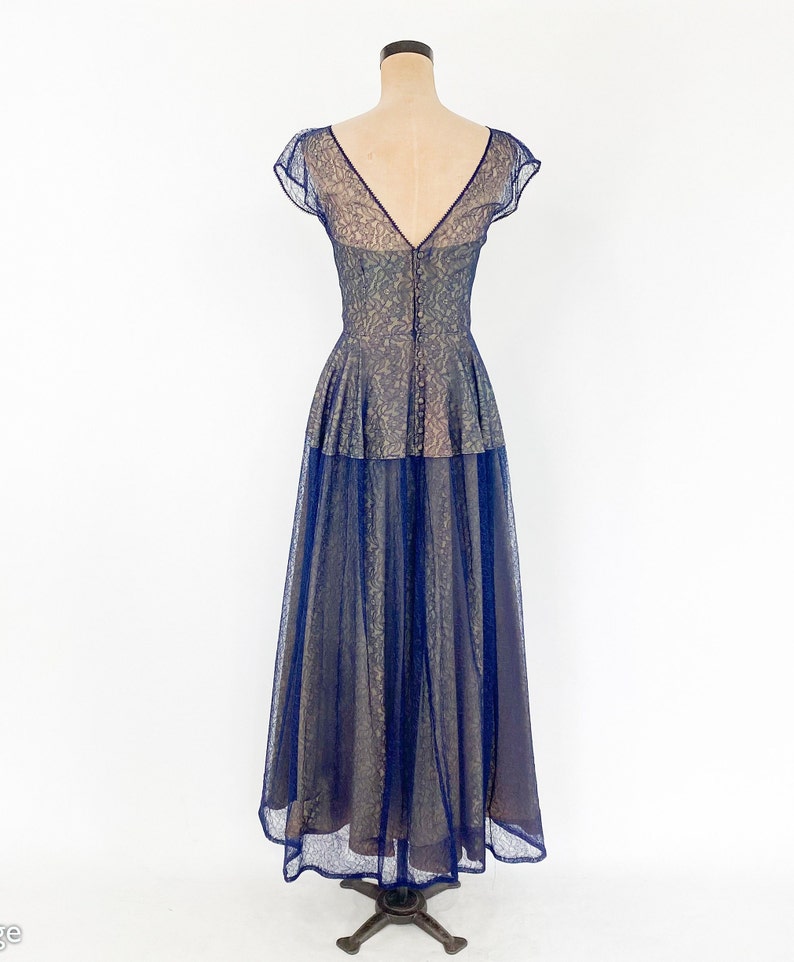 1950s Navy Lace Evening Gown 50s Navy Lace Illusion Dress Old Hollywood Small image 4