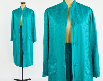 1960s Turquoise Silk Evening Coat | 60s Emerald Green Silk Coat | Cathay | Large