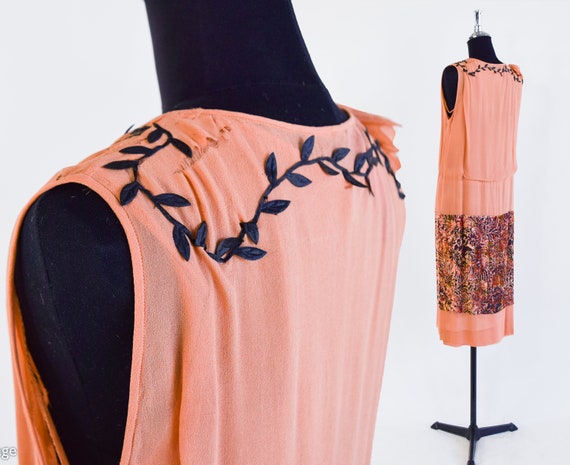 1920s Orange Silk Flapper Dress | 20s Peach & Bro… - image 4