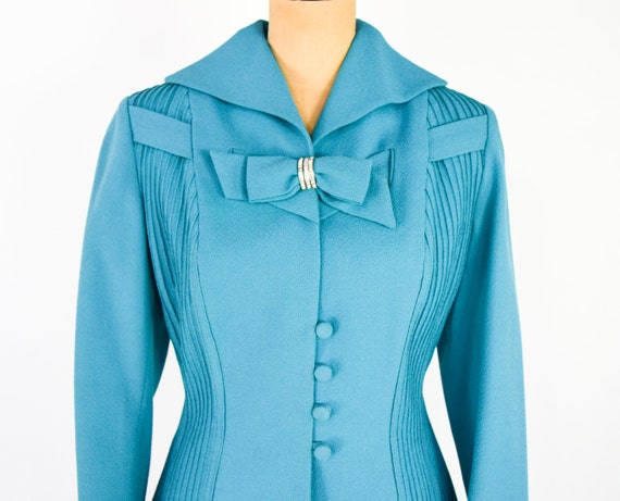 Lilli Ann | 1950s Blue Wool Crepe Suit | 50s Turq… - image 7