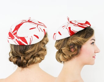 1950s Red & White Linen Hat | 50s Red White Print Beret | Saks Fifth Avenue