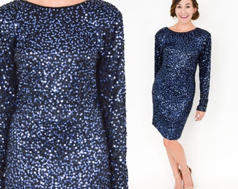 1990s Blue Sequin Dress | 90s Navy Blue Sequin Wiggle Dress | Nightline | Medium