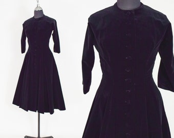 1950s Vintage Velvet Dress, Black Fit and Flare Party, Mid-Century Cocktail Dress