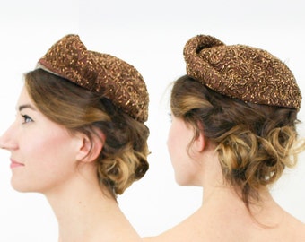 1950s Brown Wool Beaded Hat | 50s Bronze Beaded Hat | Chanda