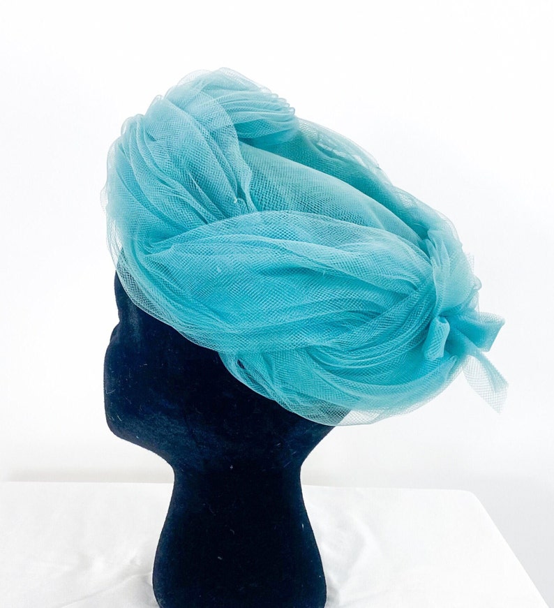 1960s Blue Tulle Hat Turquoise Blue Tulle Netting Hat Lonette image 3