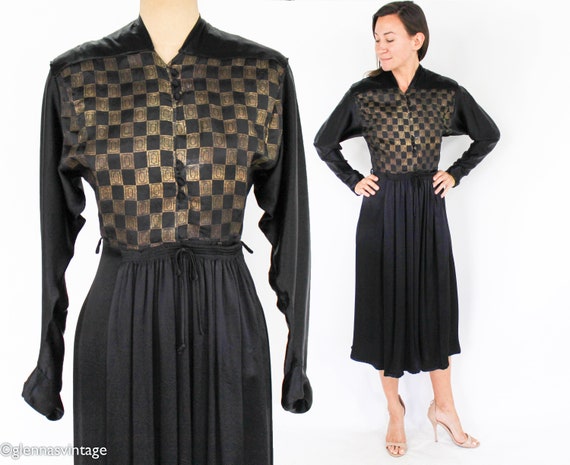 Tula | 1940s Gold & Black Silk Dress | 40s Black … - image 3