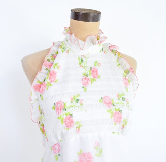 1960s White Floral Maxi Dress | 60s Pink & White … - image 7