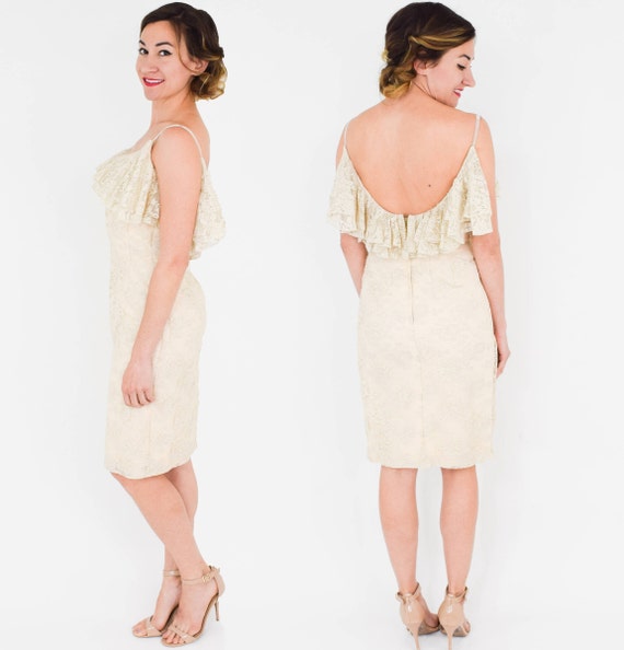 1950s Creme Floral Lace Ruffle Dress | 50s Beige … - image 3