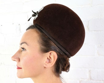 1960s Brown Wool Bubble Hat | Vintage Hat & Sequin Applique, Twiggy Style
