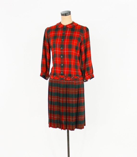 1960s Red Plaid Wool Dress | 60s Plaid Red & Gree… - image 3