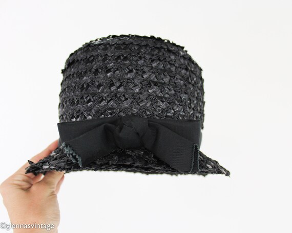 1960s Black Straw Bucket Hat | 60s Black Raffia W… - image 5