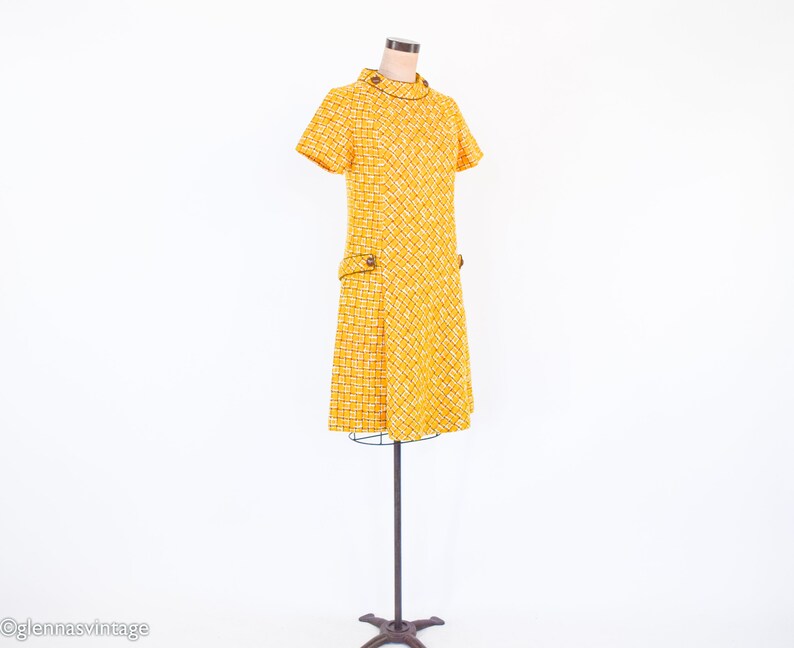 1960s Yellow Wool Plaid Dress 60s Gold Plaid Shift Dress Twiggy Style Medium image 6