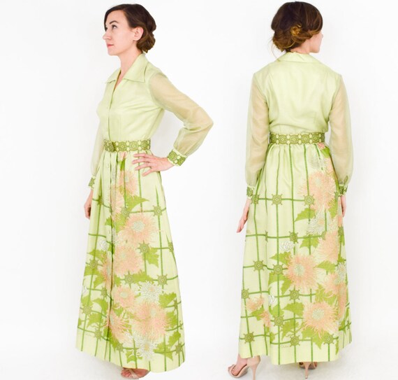 1970s Green Maxi Dress | 70s Lime Green Screen Pri