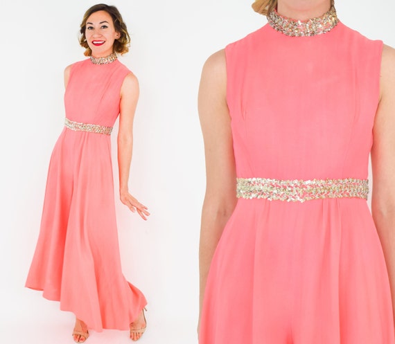 1960s Coral Crepe Palazzo Jumpsuit | 60s Orange Cr