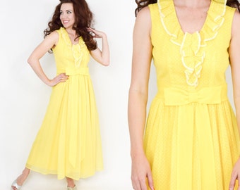 1970s Yellow Maxi Dress | 70s Yellow Dotted Swiss Cotton Dress | Miss Elliette | Medium