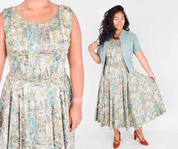 1950s Seashell Novelty Print Dress | 50s Blue Prin