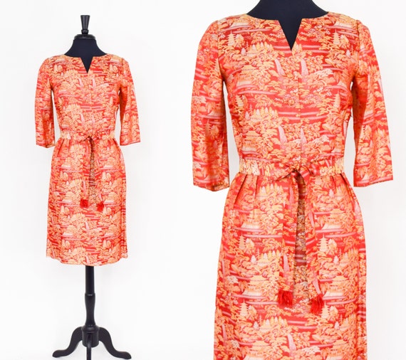 1950s Red Brocade Dress | 50s Red & Gold Floral S… - image 1