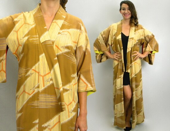 Gold Kimono Robe | Brown & Gold Print Silk Kimono